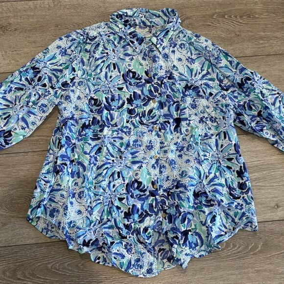 Lilly Pulitzer Top Blouse Womens XL Blue Floral Long Sleeve Flowy Rayon Colorful - Picture 1 of 5